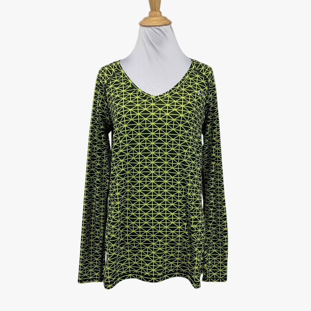 Under Armour Shirt Womens M Medium Multi Highlighter Fitted HeatGear V Neck